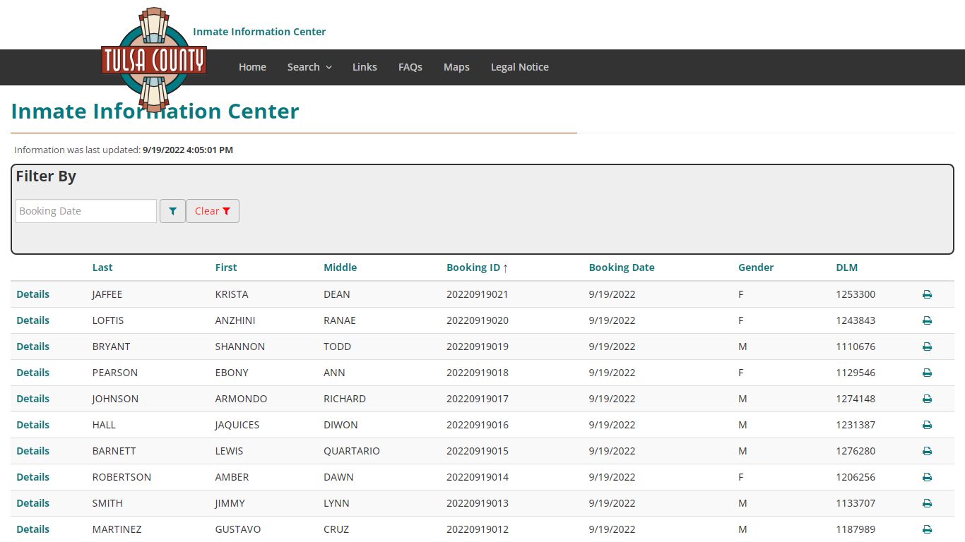 Booking Index - Inmate Information Center - Tulsa County, Oklahoma
